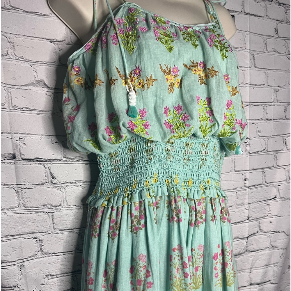 HAMANT & NANDITA Sleeveless Mint w/Floral Maxi, Lined, 100% Cotton SMALL